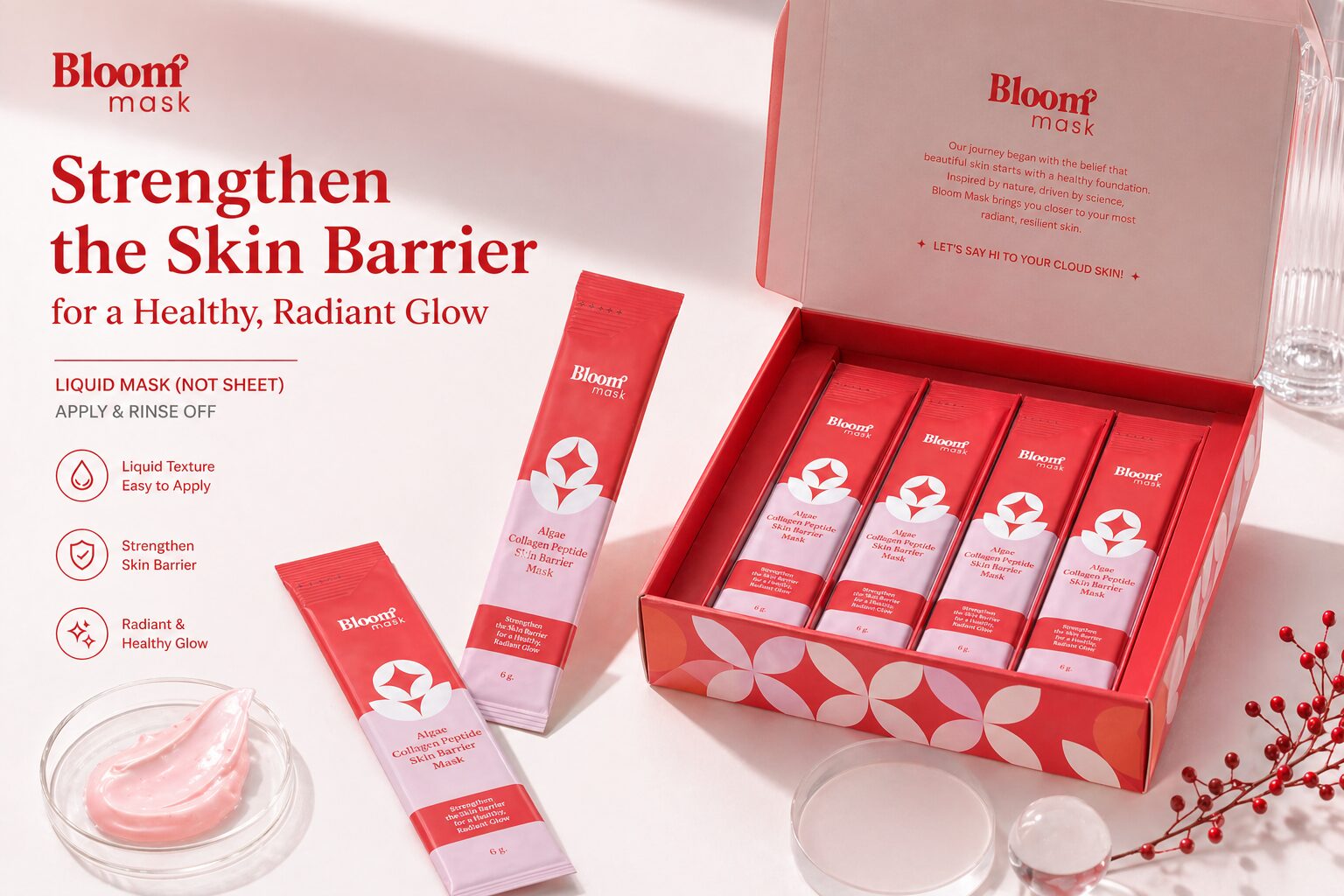 Bloom Mask box packaging — กล่อง 5 ซอง พร้อม cream texture